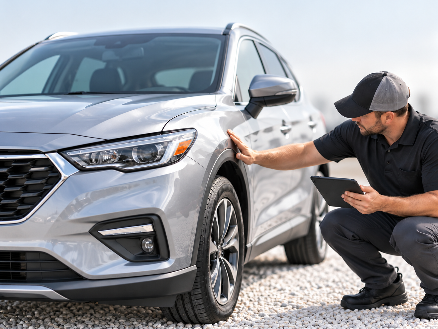Technician appraising a trade-in vehicle