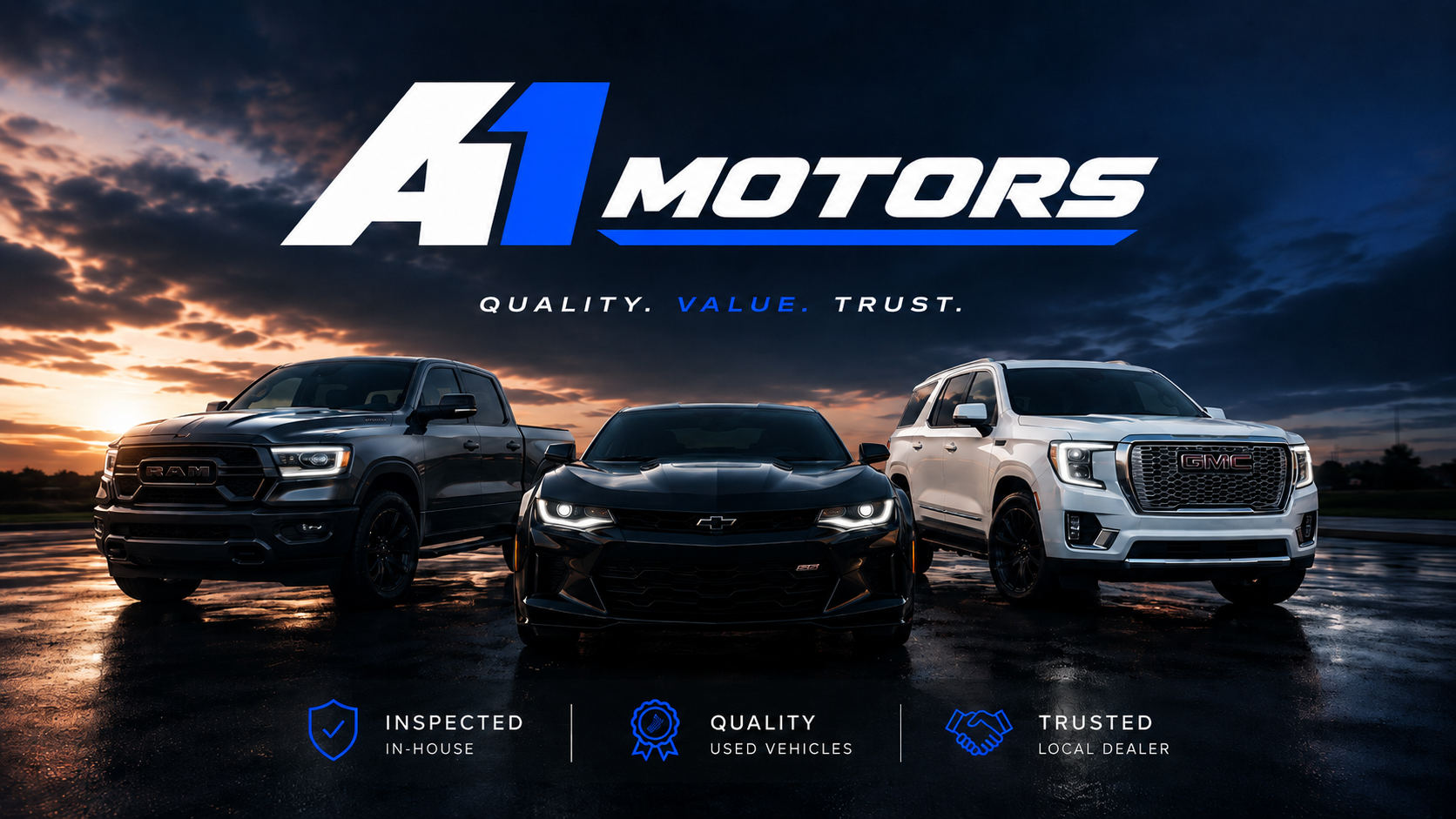 A1 Motors premium vehicle lineup at dusk
